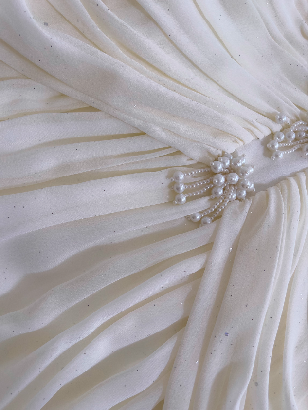 Elegant White A Line Halter Pearl Pleated Chiffon Prom Dress Vacation Dress SH4503