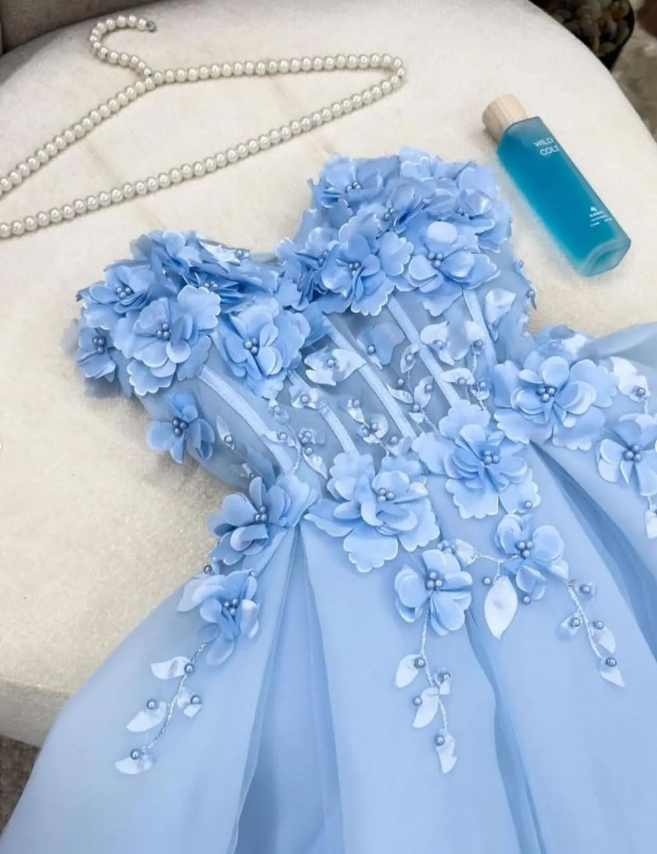 Baby Blue A Line Sweetheart Neck 3D Flower Tulle Prom Dress Evening Dress SH2255