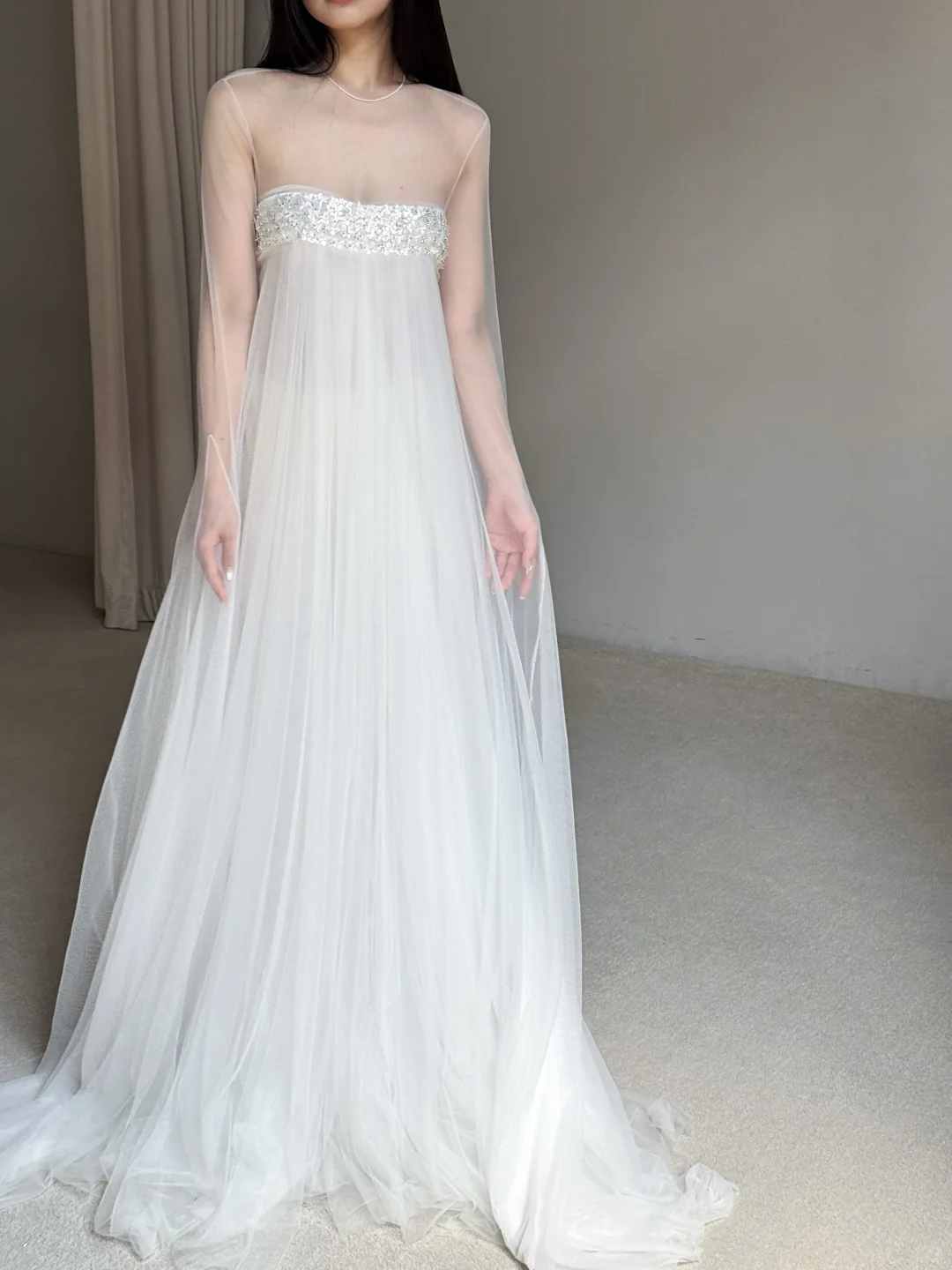 White A Line Long Sleeve Beaded Flowy Tulle Prom Dress Evening Dress SH4277