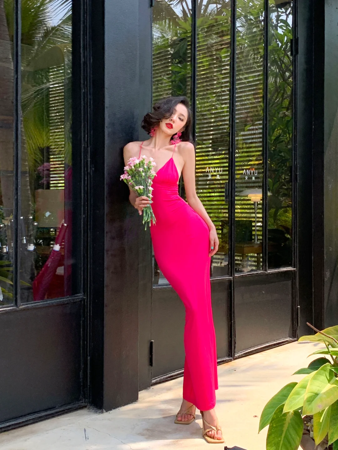 Hot Pink Butterfly Sheath Spaghetti Strap Satin Open Back Long Prom Dress Vacation Dress SH4315