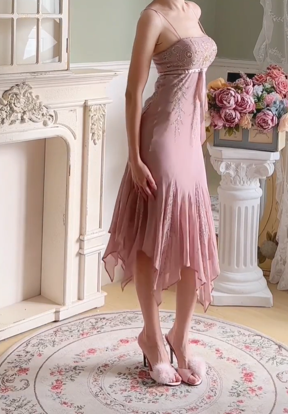 Exquisite Vintage A Line Spaghetti Strap Beaded Chiffon Party Dress Homecoming Dress SH4120
