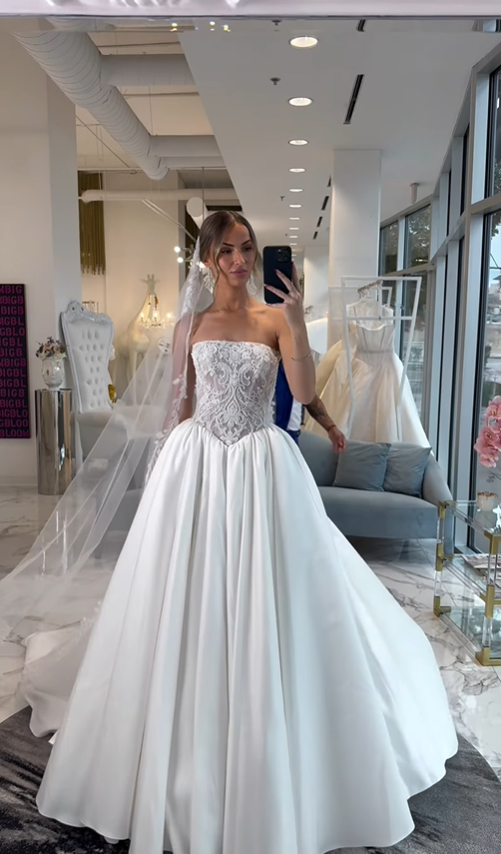 Luxurious Beaded Ball Gown Strapless White Satin Long Train Wedding Dress SH6107