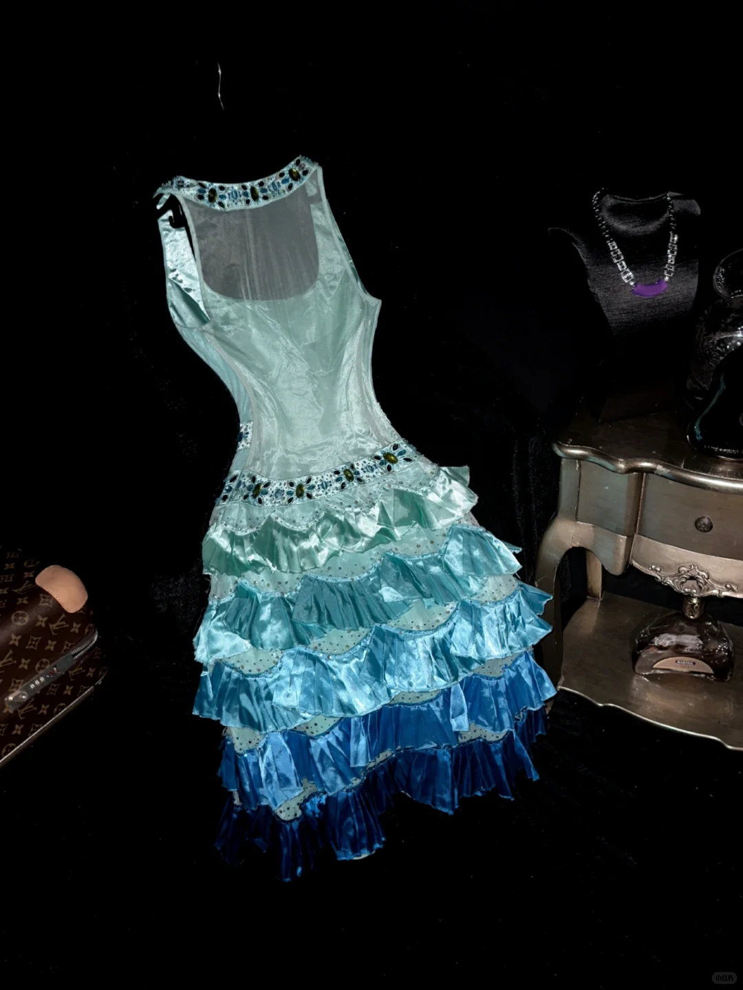 Cute A Line Beaded Layered Blue Ombre Satin Short Homecoming Dress Cocktail Dress SH3077