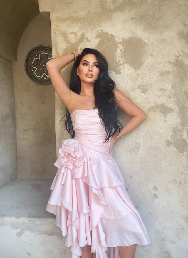 Pink A Line Strapless Floral Ruffle Layered Satin Short Homecoming Dress Outfits SH4268
