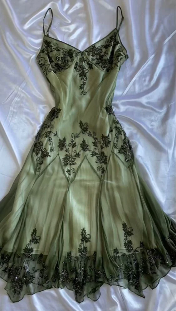 Vintage Green Spaghetti Straps Beaded Chiffon Tea Length Prom Dress SH shinydress Vintage Green Spaghetti Straps Beaded Chiffon Tea Length Prom Dress SH shinydress