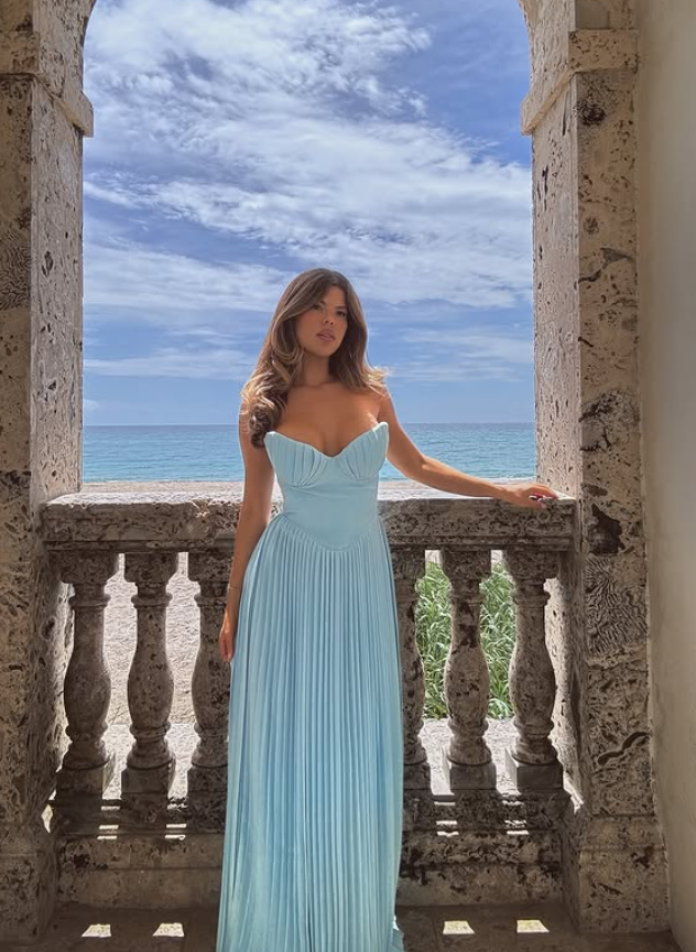 Elegant A Line Sweetheart Neck Pleated Baby Blue Satin Prom Dress SH4563