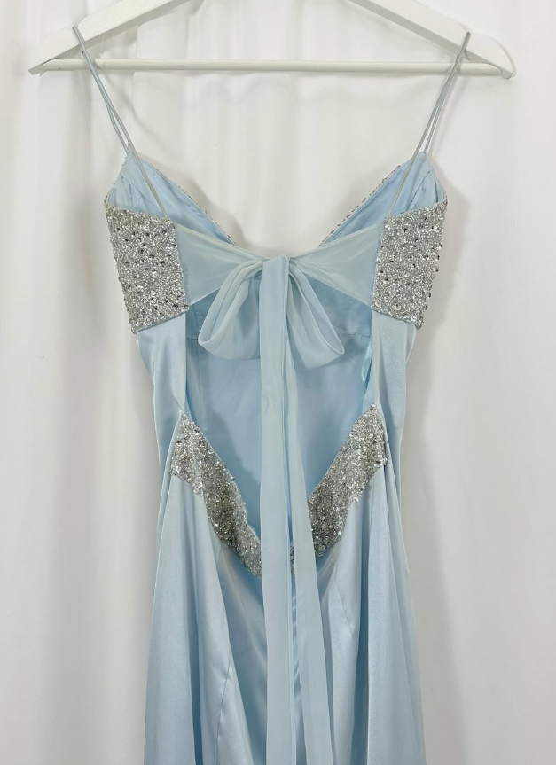 Baby Blue A Line Spaghetti Strap Sequin Satin Long Prom Dress Gown Dress SH3590