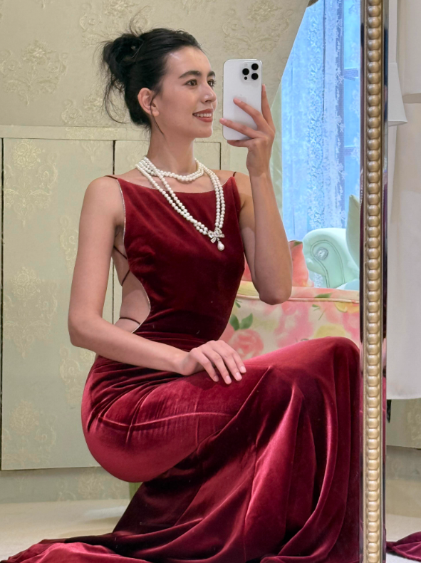 Burgundy Mermaid Velvet Open Back Long Prom Dress Wedding Guest Dress SH4385