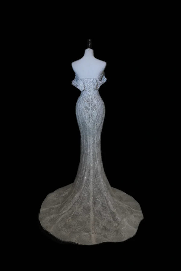White Elegant Mermaid Off the Shoulder Beaded Lace Long Prom Dress Party Dress SH3494