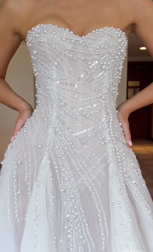 Dazzling A Line Strapless Pearl Sequin Beaded White Tulle Slit Wedding Dress SH6099