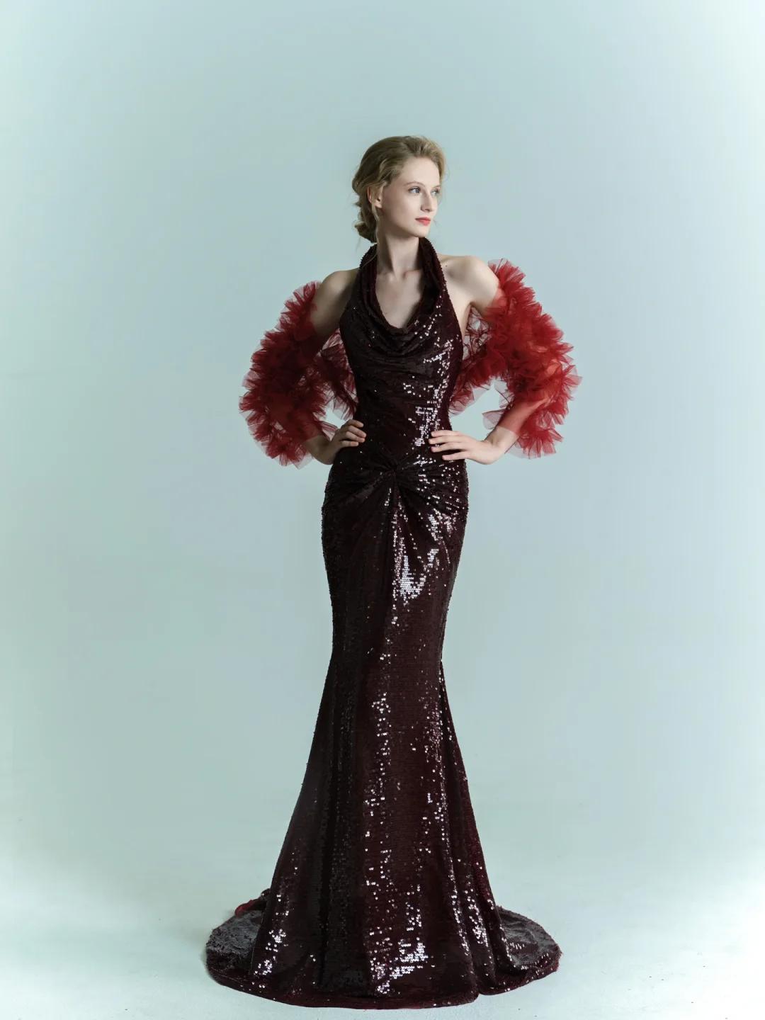 Imperial Burgundy Mermaid Halter Sequin Long Sweep Prom Dress Evening Dress SH4223