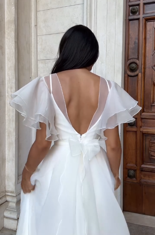 Stunning Ball Gown White Ruffle Organza Long Sweep Wedding Dress SH4709