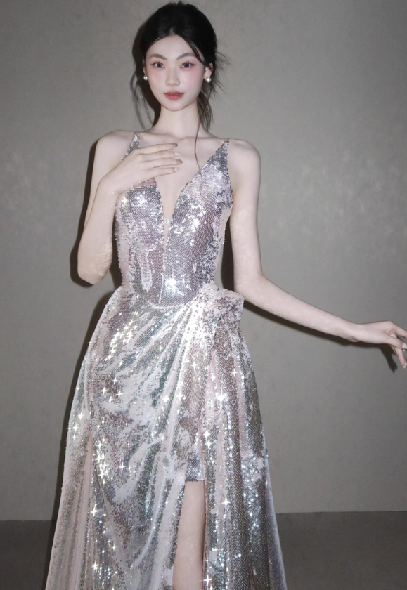 Shiny Silver Sequin Spaghetti Strap V Neck Prom Dress Evening Dress with Slit SH4057