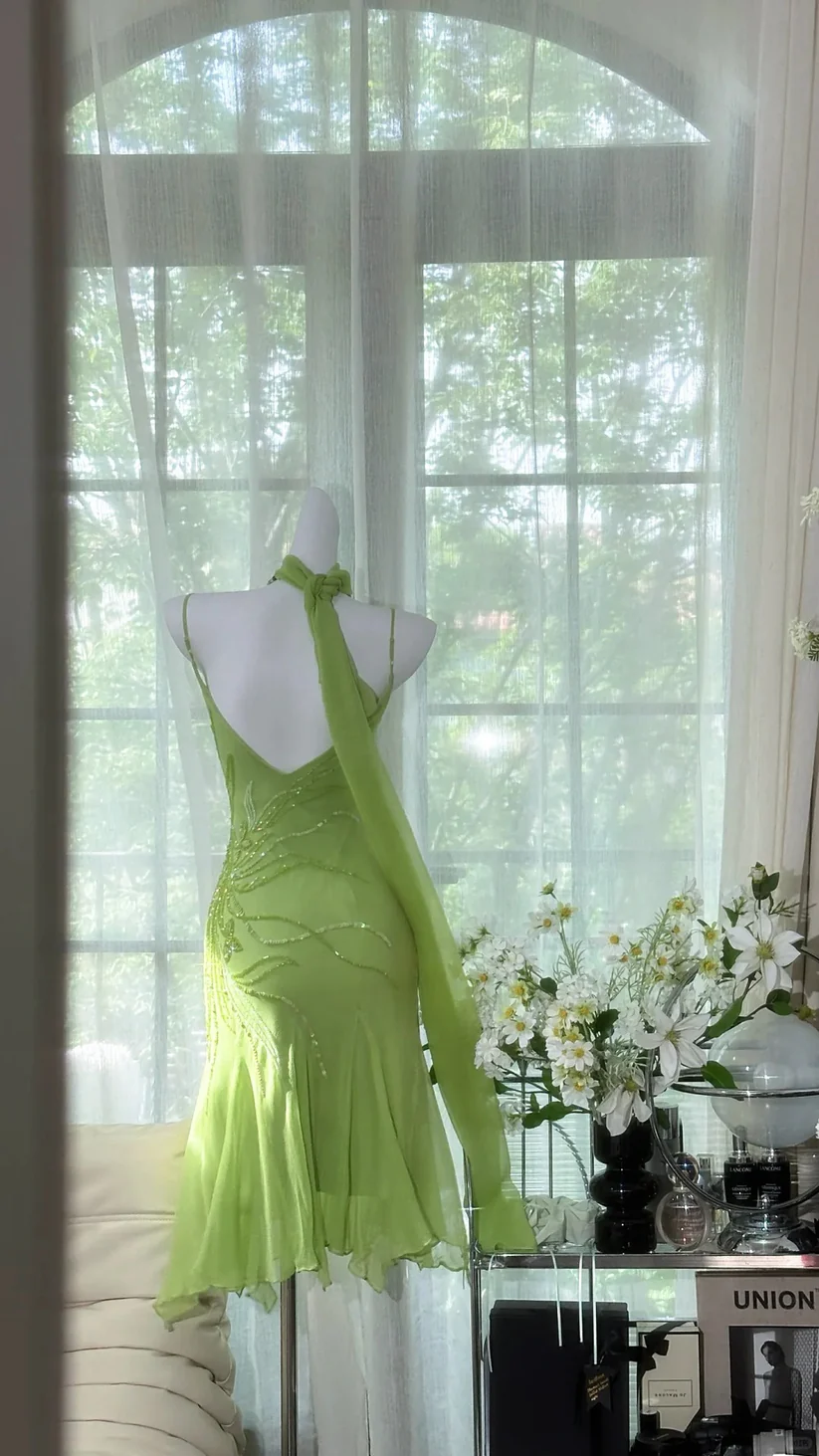 Romantic Green Exquisite Beaded Short Chiffon Homecoming Dress Evening Dress Birthday Party Dress SH3432