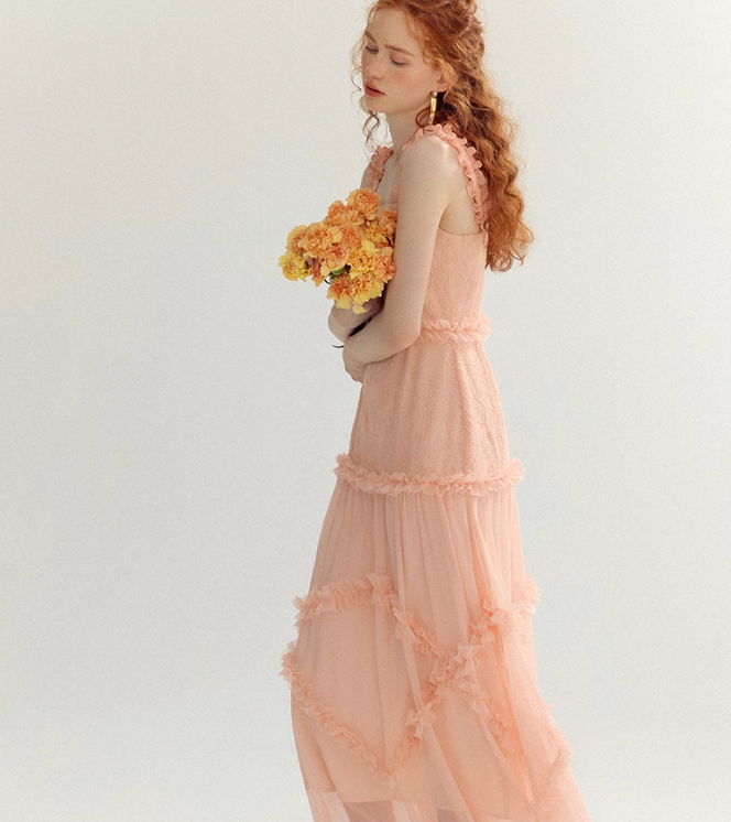 Orange-pink A Line Spaghetti Strap Lace Long Prom Dress Party Dress SH4146