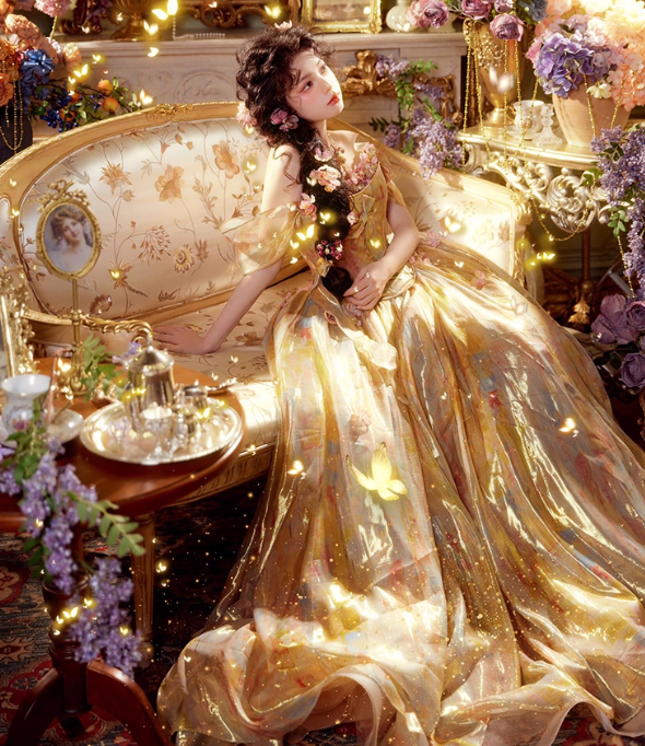 Dreamy Ball Gown Off the Shoulder Corset Golden Tulle Prom Dress 16th Birthday Dress SH4055