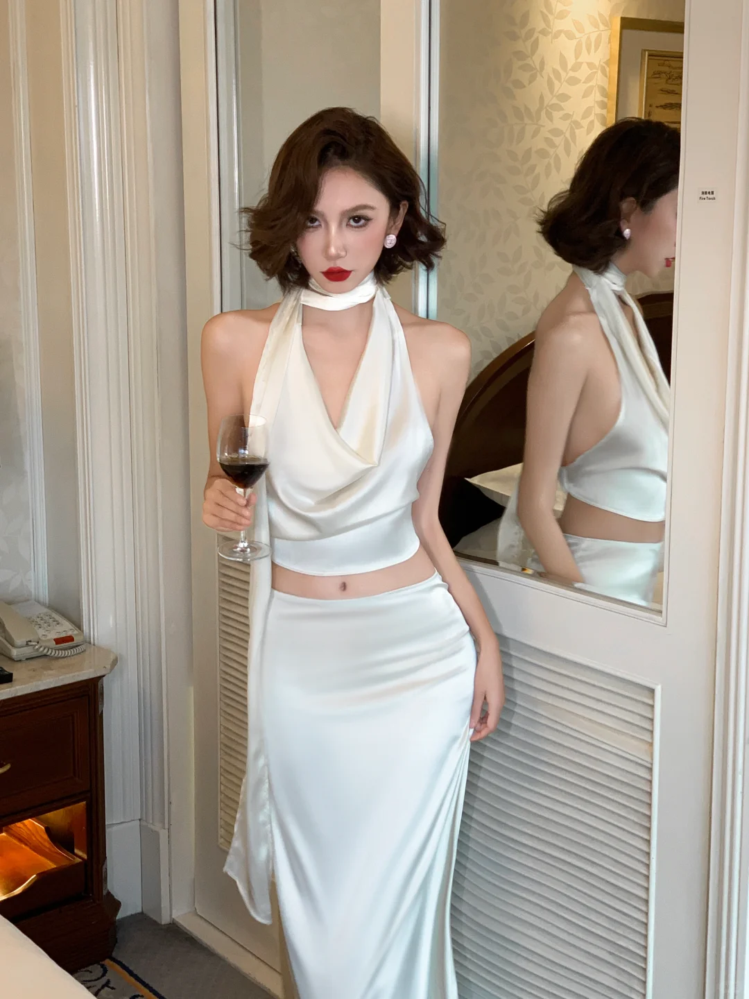 Two Piece Mermaid Halter Satin Open Back Long Prom Dress Vacation Dress SH4317
