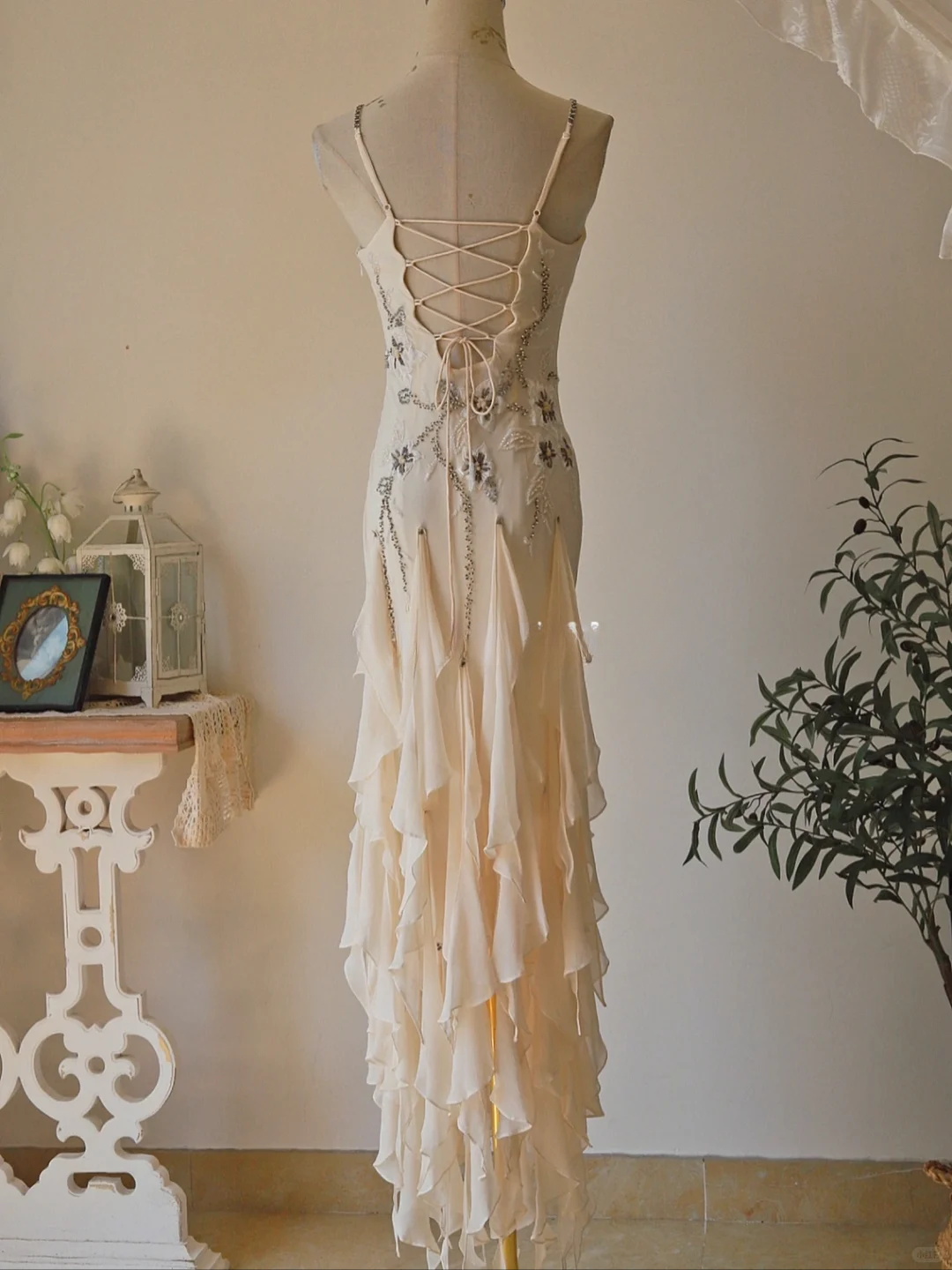 Apricot Mermaid Spaghetti Strap Embroidered Beaded Ruffle Chiffon Prom Dress Formal Dress SH3882