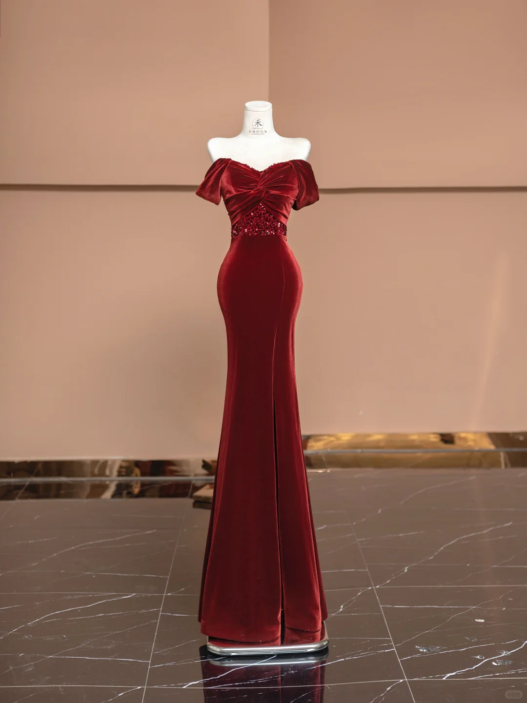 Burgundy Mermaid Off the Shoulder Sequin Velvet Long Prom Dress Party Dress SH4369