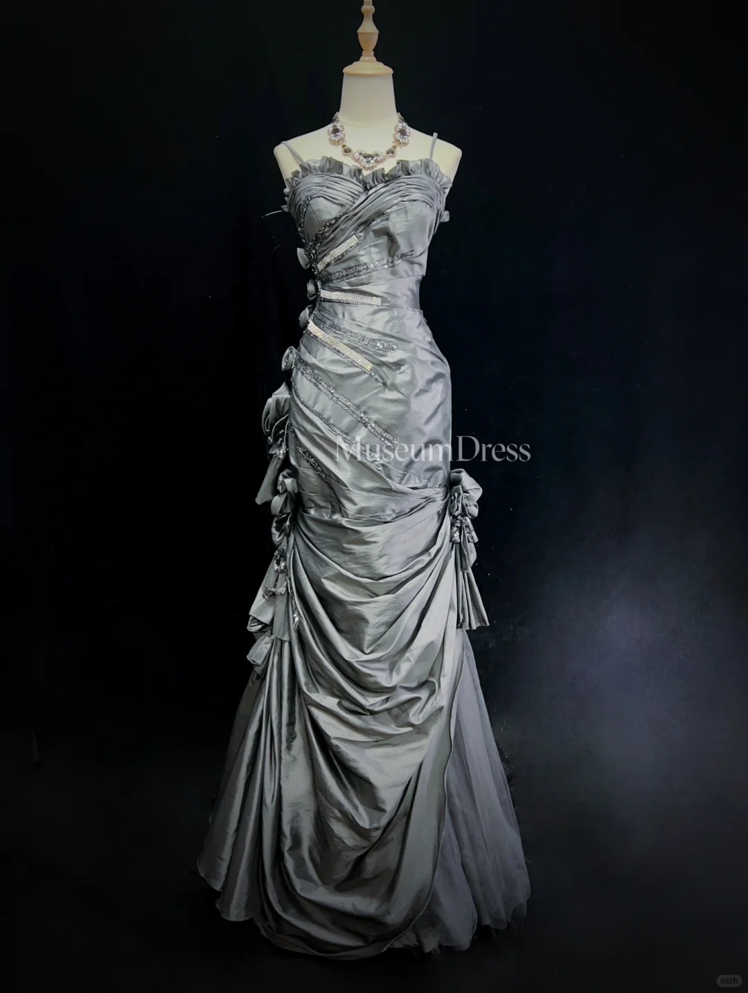 Retro Mermaid Spaghetti Strap Flower Grey Satin Prom Dress Evening Dress SH3326