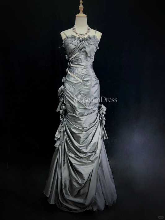 Retro Mermaid Spaghetti Strap Flower Grey Satin Prom Dress Evening Dress SH3326