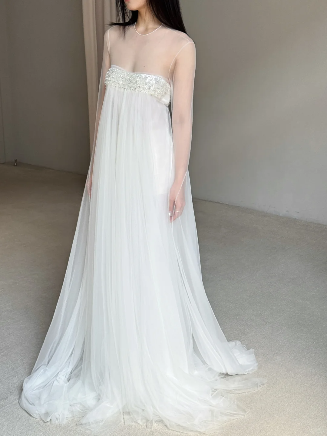 White A Line Long Sleeve Beaded Flowy Tulle Prom Dress Evening Dress SH4277