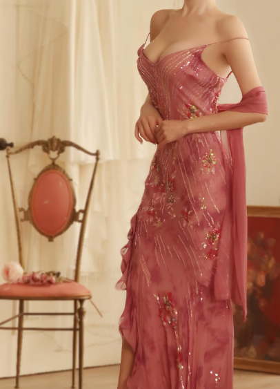 Retro Dreamy Mermaid Pink Print Floral Ruffle Chiffon Long Party Dress Evening Dress Date Dress SH3460