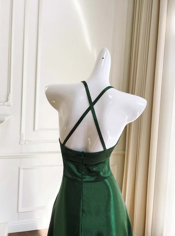Stunning Green A Line Halter Satin Prom Dress Vacation Dress Wedding Guest Dress SH4504