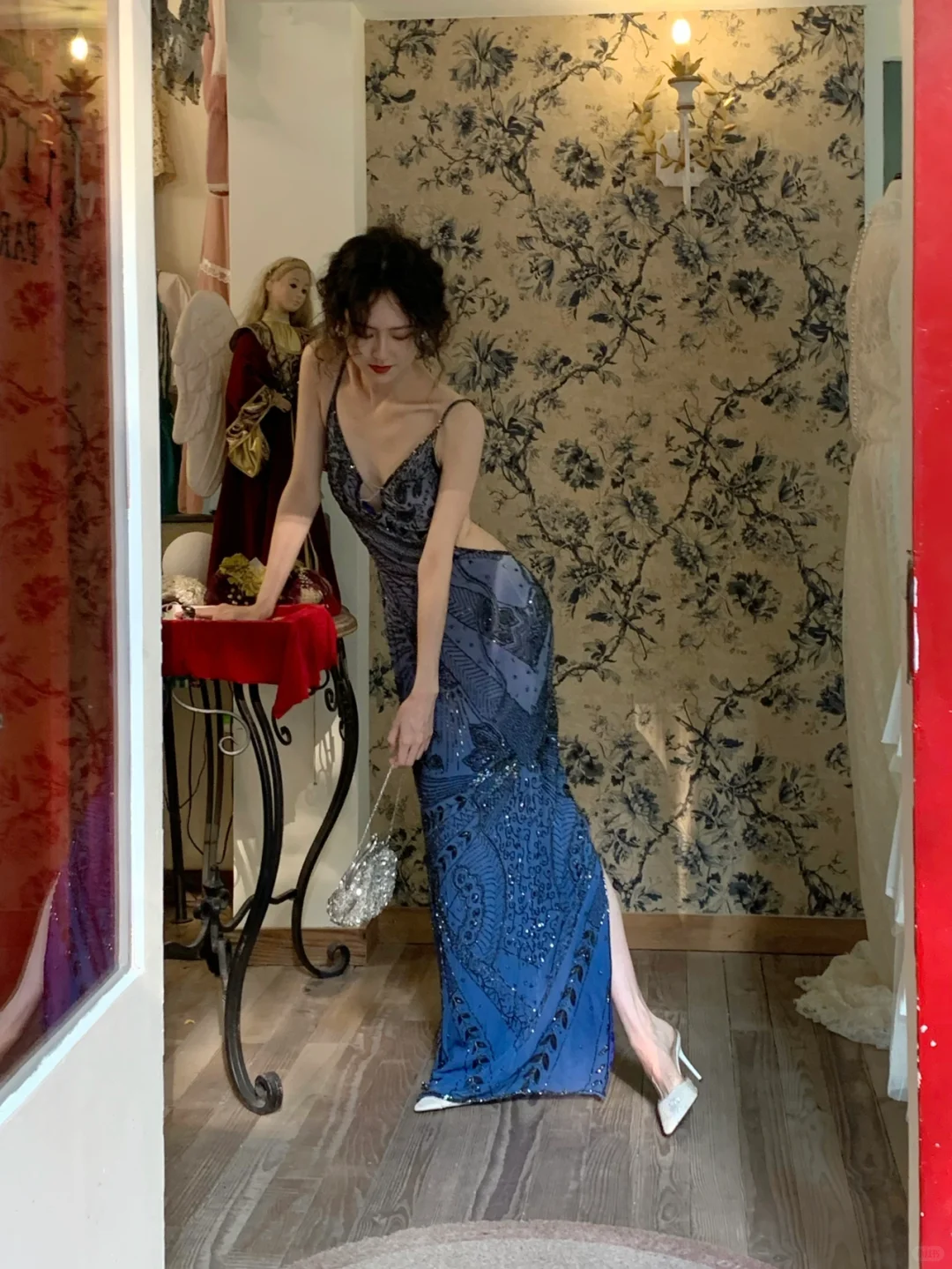 Vintage Blue Sheath Spaghetti Strap Exquisite Beaded Chiffon Prom Dress 22th Birthday Dress SH4406