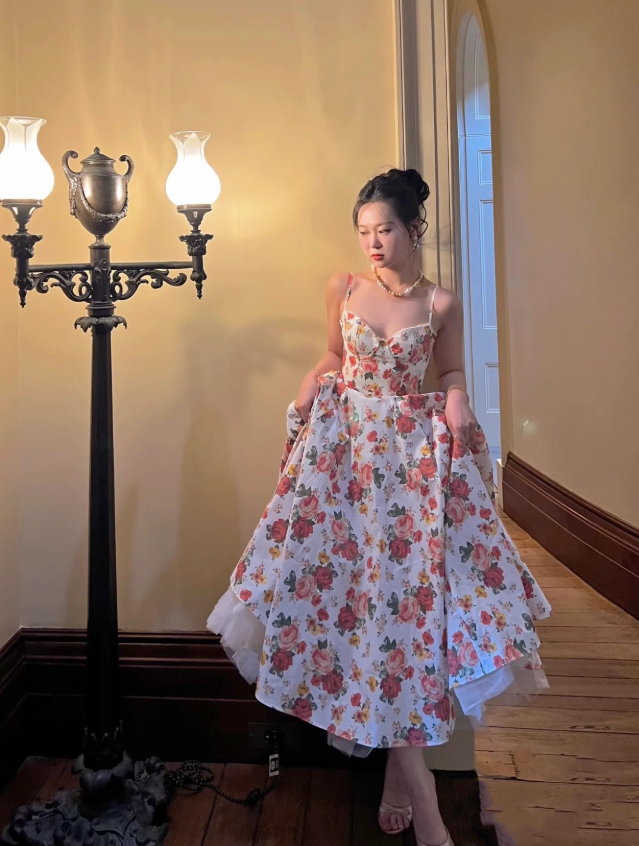 Princess A Line Spaghetti Strap Print Floral Satin Prom Dress 16th Birthday Dress SH3982