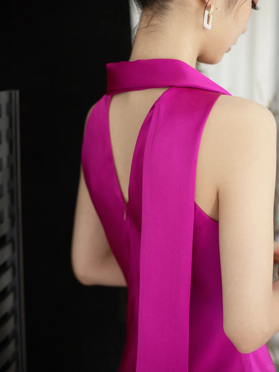 Simple Bright Pink A Line Spaghetti Strap Satin Prom Dress Evening Dress SH4211