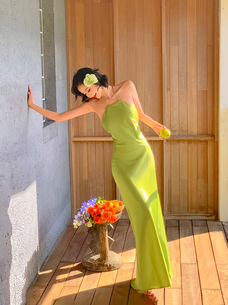 Simple Green Mermaid Straps Satin Open Back Long Prom Dress Vacation Dress SH4319