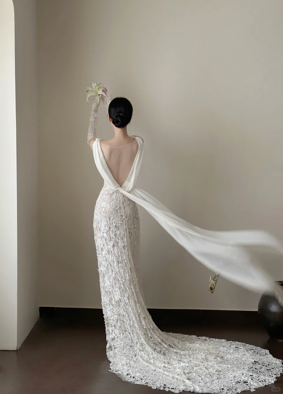 Retro Mermaid V Neck White Lace Chiffon Long Prom Dress Wedding Dress SH3963