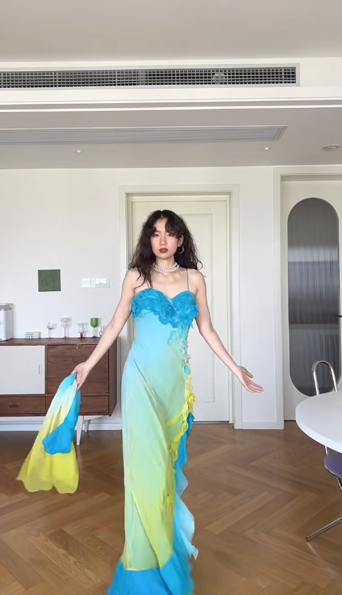 Vintage Sheath Spaghetti Strap Ruffle Yellow Blue Ombre Chiffon Prom Dress Wedding Guest Dress SH4550