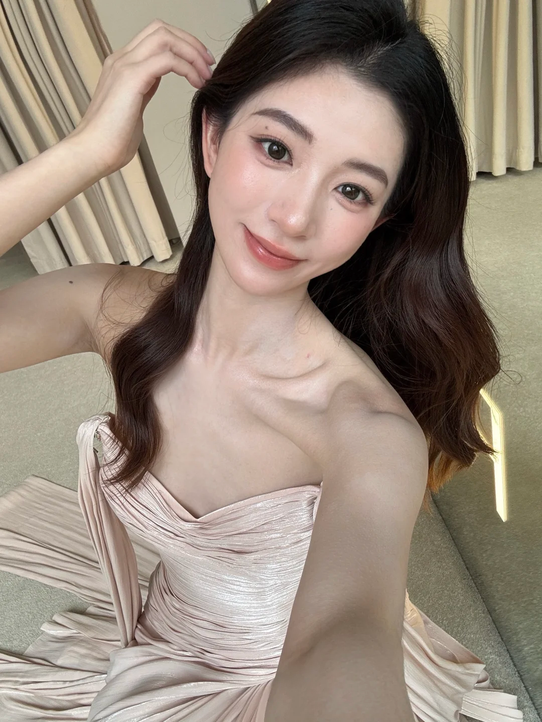 Light Pink Sheath Straps Beaded Pleated Satin Long Wedding Guest Dress Prom Dress SH4759