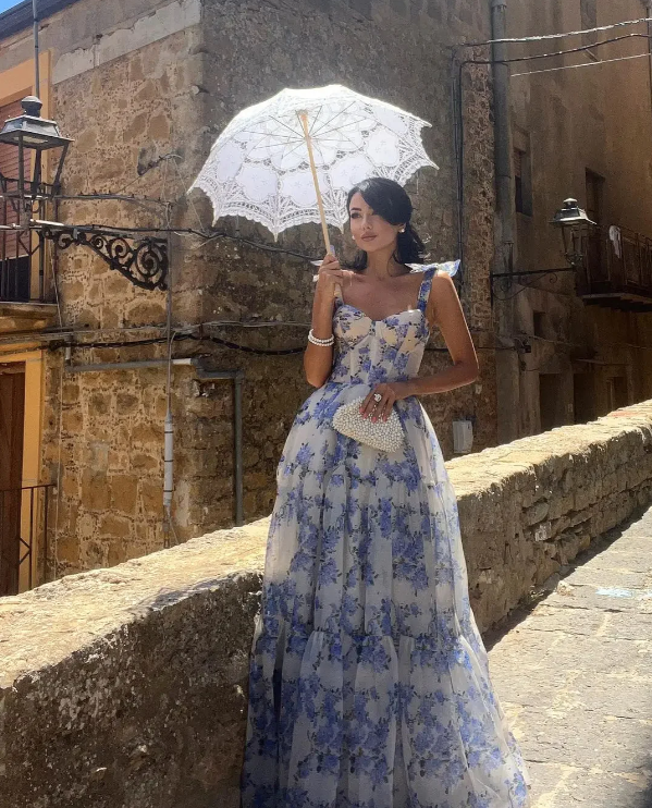 Elegant Floral Print Chiffon Long Prom Dresses Evening Dresses SH675