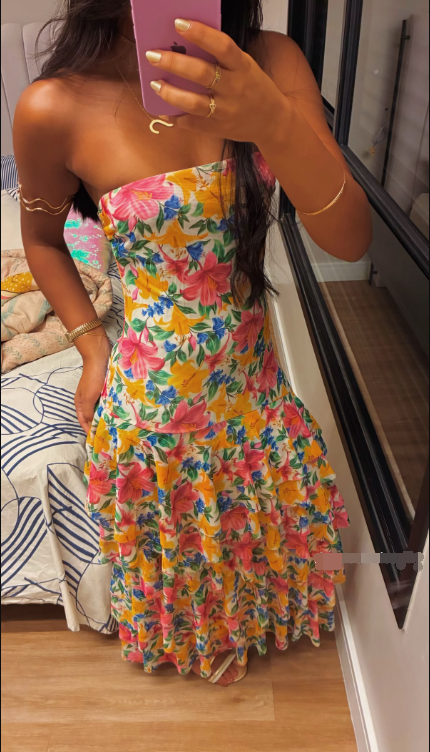 Colorful Print Floral A Line Strapless Satin Long Prom Dress Evening Dress SH8868