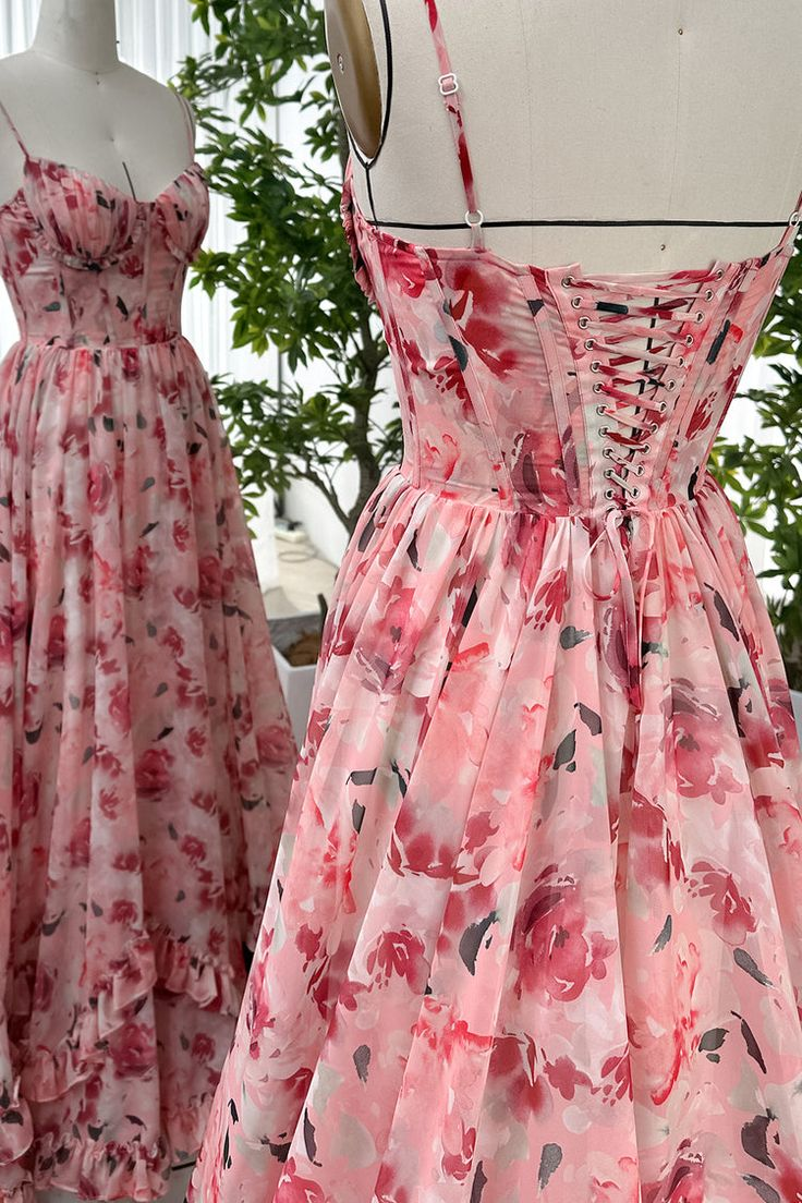 Spaghetti Straps Corset Floral Chiffon Prom Dress Slit Ruffles Party Dress SH1372