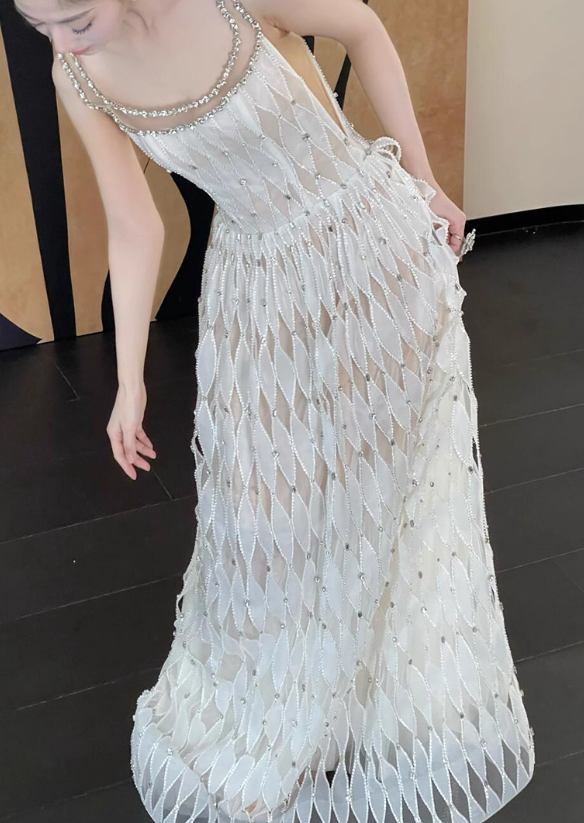 Gentle White A Line Straps Rhinestone Tulle Prom Dress Evening Dress 16th Birthday Dress SH4050