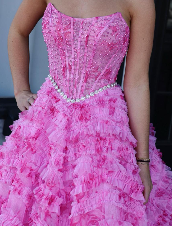 Pink Ball Gown Strapless Beaded Print Floral Corset Tulle Long Prom Dress Evening Dress SH6585