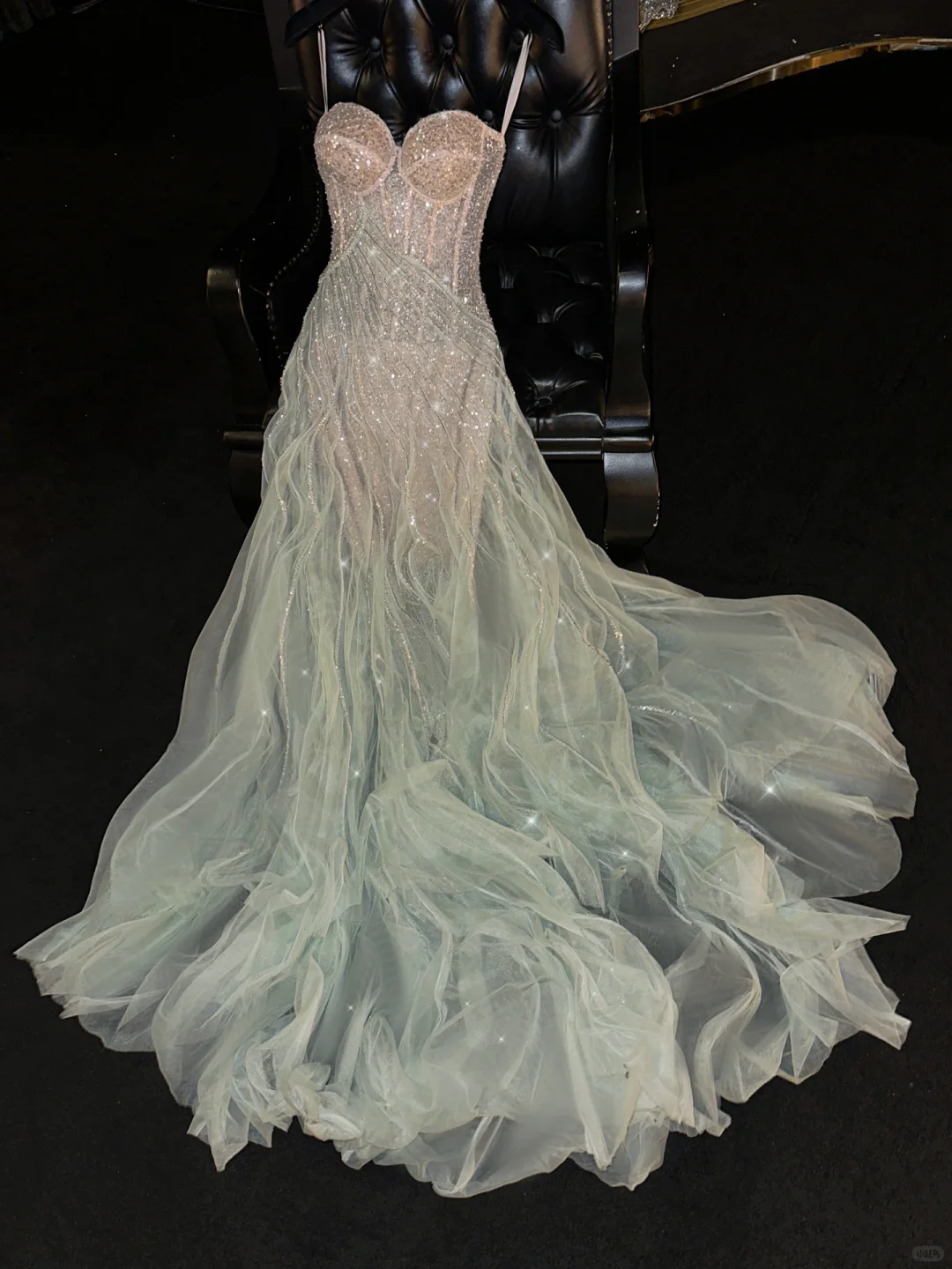 Romantic A Line Strapless Beaded Green Champagne Tulle Party Dress Evening Dress SH3372