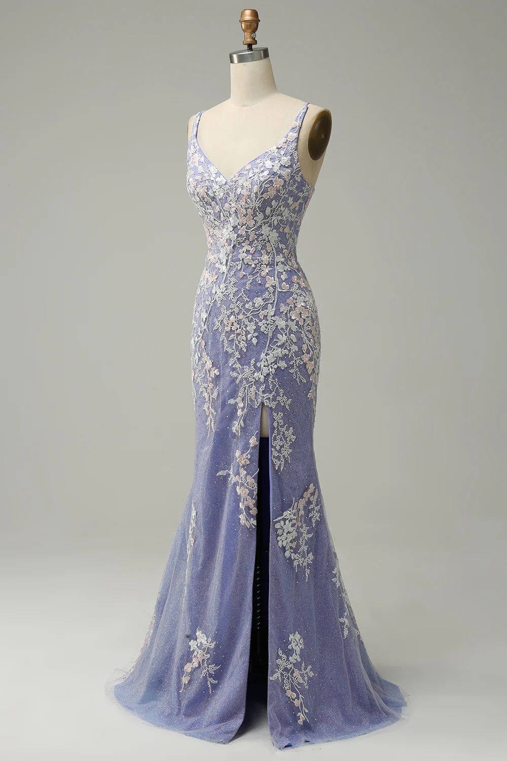 Charming Mermaid V Neck Light Blue Long Prom Dress With Appliques SH616