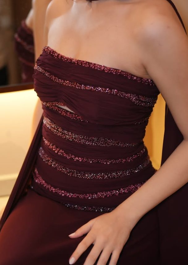 Dark Burgundy A Line Strapless Beaded Chiffon Prom Dress Evening Dress SH6525