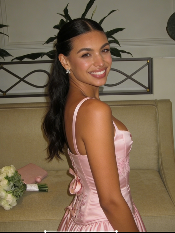 Pink A Line Spaghetti Straps Appliques Satin Long Prom Dress Evening Dress SH1787