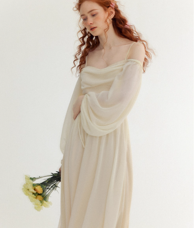 Ivory Gentle A Line Long Sleeve Chiffon Long Prom Dress Party Dress Outfits SH4149
