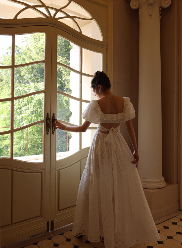 Princess A Line Puff White Lace Prom Dress Party Dress SH4171