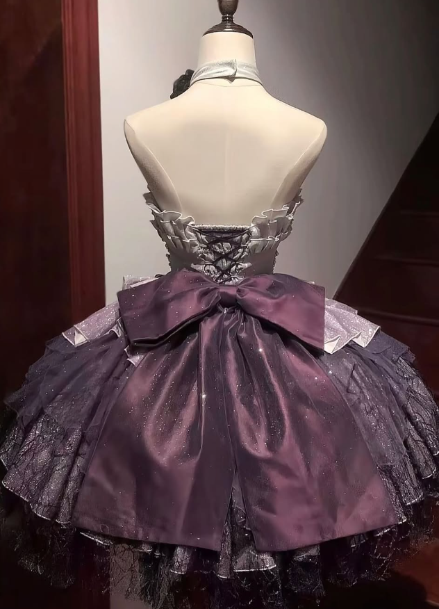 Purple Cute Ball Gown Halter Bow Layered Sequin Tulle Short Prom Dress Homecoming Dress SH6437