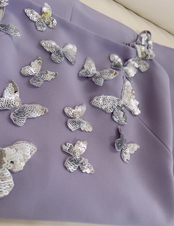 Purple A Line Spaghetti Strap Silver Sequin Butterfly Satin Homecoming Dress SH4501