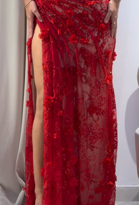 Baby Red Sheath V Neck Beaded 3D Floral Lace Prom Dress Evening Dress SH4544