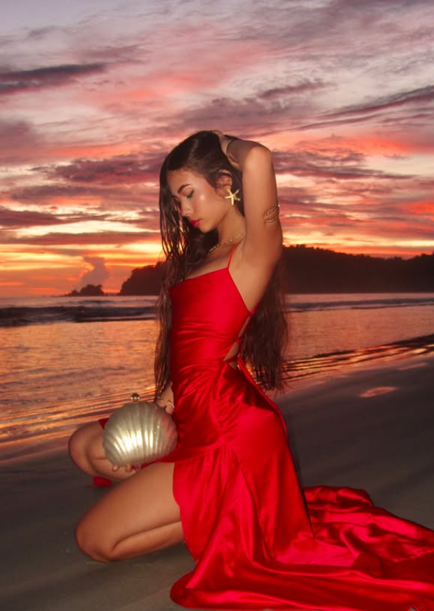Red Mermaid Spaghetti Strap Ruffle Satin Open Back Prom Dress Vacation Dress with Slit SH4477